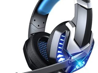 Auriculares Gaming para PS4 PS5 PC Xbox One Mac, Cascos Gaming Premium Estéreo con Microfóno reducción de Ruido, Jack Audio 3,5mm, Gaming Headset con Luz LED para Switch Computadora Azul
