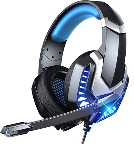 Auriculares Gaming para PS4 PS5 PC Xbox One Mac, Cascos Gaming Premium Estéreo con Microfóno reducción de Ruido, Jack Audio 3,5mm, Gaming Headset con Luz LED para Switch Computadora Azul