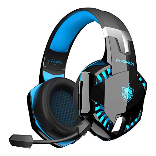 Auriculares Gaming, PHOINIKAS Cascos Bluetooth, Cable/Inalámbricos 2 en 1, para Xbox One, PS4, PS5, PC, Micrófono Desmontable con Cancelación de Ruido, Efectos de Sonido 7.1, Luz LED Azul