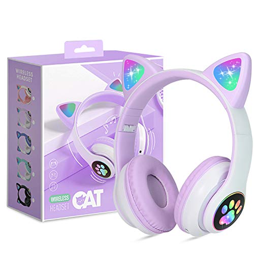 Auriculares para Niños Inalámbricos con Luz LED, Auriculares de Diademacon Orejas de Gato para Niñas, Bluetooth Plegables Auriculares con Micrófono, Micro SD para TV Regalo para Cumpleaños/Navidad