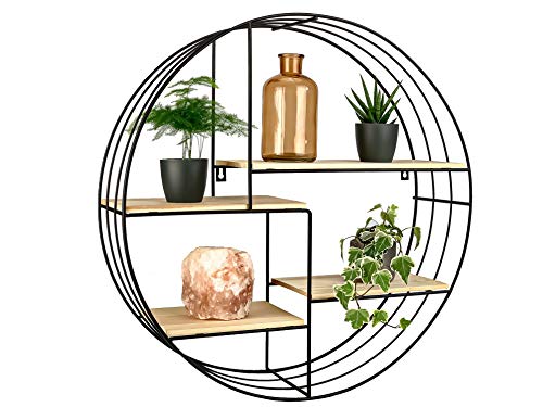 Aurus Enterprise Estantería de pared redonda de madera de pino claro y metal pulverizado negro, 55 cm x 55 cm x 15 cm, 4 niveles, marco estable de 4 compartimentos, material de montaje incluido.