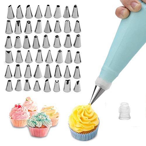 Ausikou Boquillas para Repostería de Acero Inoxidable Manga Pastelera Bolsillo para Repostería, 48 Boquillas, 1 Bolsillo para Repostería, 1Acoplado