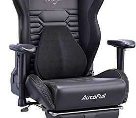 AutoFull Silla Gaming Silla Gamer Ergonómica Silla de Oficina Cuero de PU Silla de Escritorio,Altura e inclinación Ajustables,Reposacabezas y Soporte Lumbar,Reposapiés,Negro