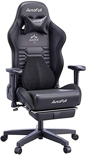 AutoFull Silla Gaming Silla Gamer Ergonómica Silla de Oficina Cuero de PU Silla de Escritorio,Altura e inclinación Ajustables,Reposacabezas y Soporte Lumbar,Reposapiés,Negro