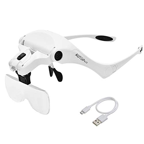 AUTOPkio USB Charge Lentes de Aumento, Lupa con luz 2 LED, Lupas de Gran Aumento para Modelismo, Reparaciones, Coser, Joyería y Relojería, Intercambiables 5 Lentes 1.0X, 1.5X, 2.0X, 2.5X, 3.5X