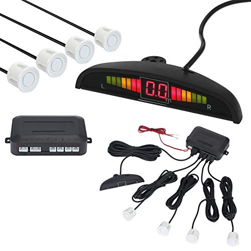AUTOUTLET Sensores de Aparcamiento, Sistema de Sensor de Estacionamiento, Asistencia de Aparcamiento Kit de Auto LED Display + Alarma de Sonido, Cocar Coche Aparcamiento Kit con 4 Sensores Blancos