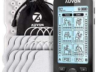 AUVON Electroestimulador TENS de 4 salidas, TENS EMS para terapia de alivio del dolor con masajeador de pulso eléctrico de 24 modos, 10 piezas electrodos premium de 2"x 2" con diseño patentado（negro）