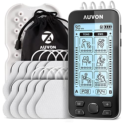AUVON Electroestimulador TENS de 4 salidas, TENS EMS para terapia de alivio del dolor con masajeador de pulso eléctrico de 24 modos, 10 piezas electrodos premium de 2"x 2" con diseño patentado（negro）