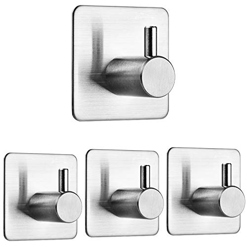 Auxmir 4 Piezas Ganchos Adhesivos para Pared, Colgador Toallas Adhesivo, Cuelga Acero Inoxidable 3M sin Taladro para Cocina y Baño, para Trapos Albornoz, Plata