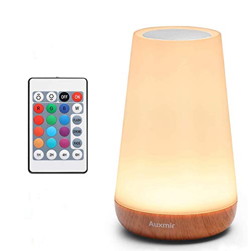 Auxmir Lámpara de Mesita de Noche, Luz Nocturna LED Recargable, Control Remoto y Táctil sin Cable, Temporizador, USB, 13 Colores de Luz, para bebé, Marrón Claro