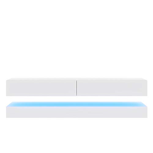 Aviator - Mesa Flotante para TV/Mueble TV Colgante/Unidad de Pared para TV (140 cm, Blanco Mate/Frentes Blancos en Brillo con iluminación LED Azul)