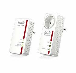 AVM FRITZ!Powerline 1220E Set International - Adaptador/Extensor de Red por línea eléctrica, PLC, Compatible HomePlug AV2, IEEE P1901, 1200 Mbps, 2 Puertos LAN Gigabit, Toma de Corriente integrada