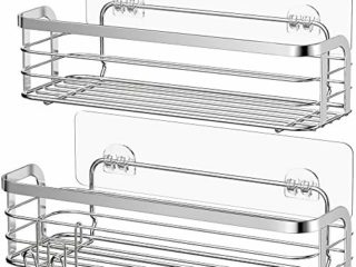 Avoalre Adhesivo Estante Ducha Baño Cocina Organizador Estanteria Cesta Acero Inoxidable Sus 304 con Gancho Extraíble sin Taladro, 2 Unidades, Color Plata