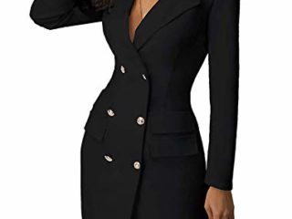 Axiamoncha Vestido de manga larga, cuello en V, doble botones, botones largos, para mujer, estilo informal, Negro , L