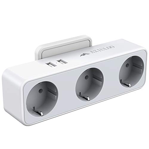 AXIULOO Ladron Enchufes Pared, 5 en 1 Mútiple USB con 3 Enchufe Schuko y 2 Puertos USB, Móviles Enchufes Triple Compatible con Oficina/Cocina/Hogar
