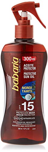 Babaria - Aceite Protector Solar Monoi Tahiti SPF15 UVA-UVB e Infrarrojos, Acelerador del Bronceado, Hidratante, Contiene Aceite de Coco y de Zanahoria, Resistente al Agua, Vegano, Unisex - 300 ml