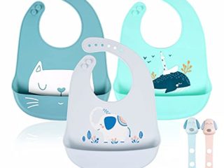 Baberos para Bebés 3 Piezas, Baberos de Alimentación de Silicona Impermeables para Niñas y Niños Pequeños Unisex, Babero Súper Suave y con un amplio bolsillo para recolector migas de alimentos