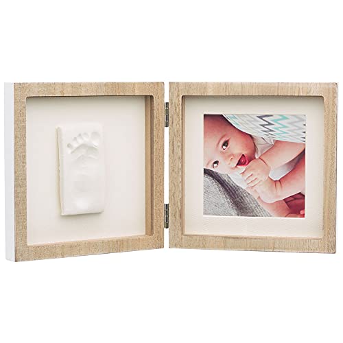 Baby Art Square Frame Set de Marco de foto y Huella de bebé en Arcilla, Recuerdo de las huellas de mano y pie, Madera natural