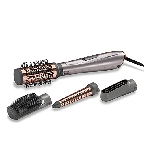 BaByliss AS136E Cepillo de aire 1000W, iónico, 4 accesorios, para alisar, cabezal pre-secado, para ondular y cepillo térmico de 50 mm para moldear, 3 velocidades y temperaturas, Plateado-oro Rosado