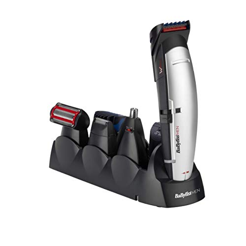 BaByliss E837E Cortapelos para cara, cabello y cuerpo, con cuchillas profesionales W-tech y 10 accesorios, color negro y gris