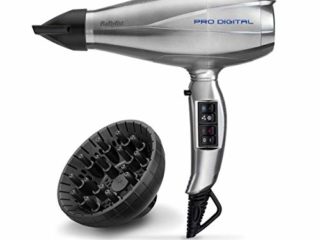 BaByliss Pro Digital 6000E - Secador de pelo profesional, motor digital, 2300 W, iónico, secado ultra rápido 208 km/h, temperatura constante 70º, incluye difusor y dos concentradores, Gris/ Plata