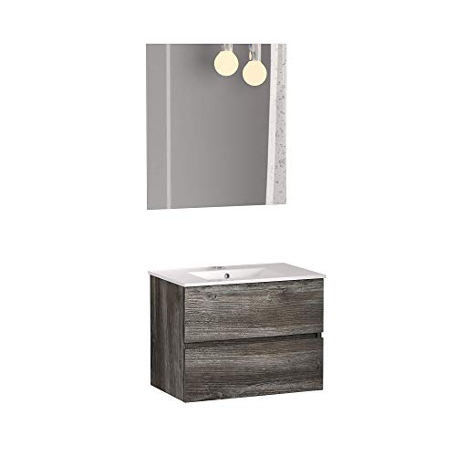 Baikal Baño Onyx 50cm, 2 cajones, suspendido en Pared, con Lavabo cerámico. Acabado Vintage. Mueble Montado, Melamina 16, 50