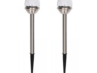 Baliza solar LED de jardín. Set de 2 piezas. Luz blanca. Acero inoxidable y cristal. Encendido automático con sensor de luz. Pica incluida. Medidas 34 x Ø6 cm. Resistente al agua IP44