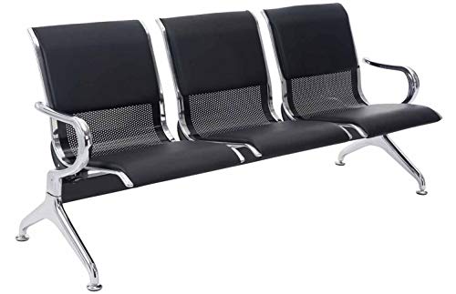 Banco de Espera Airport en Cuero Sintético | Banco Robusto con Base de Metal | Banco con Reposabrazos | Color:, Color:Negro/Negro, Tamaño:3 plazas