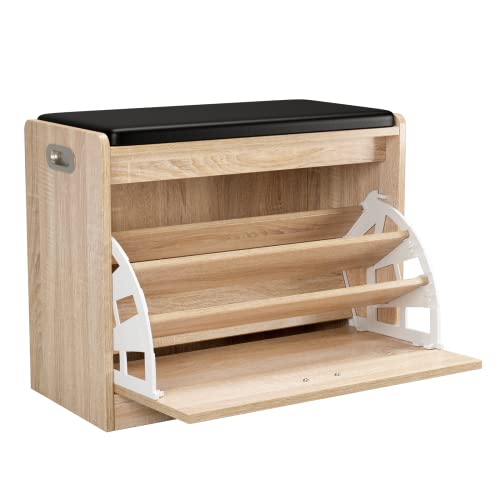 Banco Zapatero, Organizador Zapatos para Entrada, Zapatero con Asiento, Madera, con 3 Estantes, para Pasillo, Dormitorio, Roble, 60x29.5x50.5cm