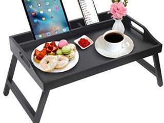 Bandeja para cama de desayuno, mesa con asas, patas plegables, bandeja de bambú con ranura para medios, bandeja plegable, bandeja para ordenador portátil