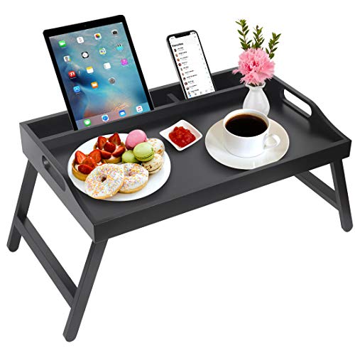 Bandeja para cama de desayuno, mesa con asas, patas plegables, bandeja de bambú con ranura para medios, bandeja plegable, bandeja para ordenador portátil
