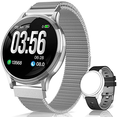 BANLVS Reloj Inteligente, Smartwatch IP67 1.22 Pulgadas Pulsómetro, Monitor de Sueño, Presión Arterial,Pulsera Actividad Inteligente para Android iOS Hombre y Mujer (Plata)