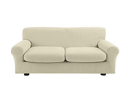 Banzaii Funda Sofa Elastica con Funda Asiento Antimanchas – Cubre Sofa con Cojin – Protector Sofa Asiento Separado - Poliéster Sofá 2 plazas y 2 Cojines de Asiento 110-150 cm Crema