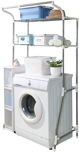BAOYOUNI Estanteria sobre Lavadora Estante para Inodoro WC 2 Niveles Organizador de Baño Multifunción Metal Almacenamiento Rack Ahorra Espacio, Ajustables（62-101） x 48 x 173 cm, Blanco