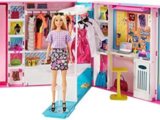 Barbie Muñeca y Dream Closet - Armario Ampliable con Perchero Giratorio - 25+ Prendas y Accesorios - Ancho: +60 cm - Regalo para Niños de 3-7 Años