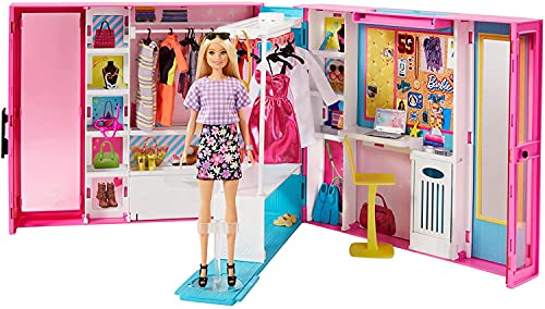 Barbie Muñeca y Dream Closet - Armario Ampliable con Perchero Giratorio - 25+ Prendas y Accesorios - Ancho: +60 cm - Regalo para Niños de 3-7 Años