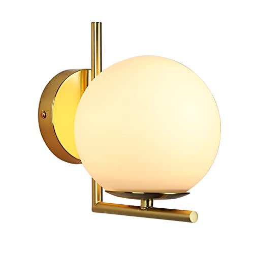 BarcelonaLED Aplique de Pared Elegante Moderno con Bola de Cristal Opal Soporte Dorado y Casquillo E27 para Dormitorio Salón Pasillo