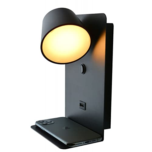 BarcelonaLED Lámpara Aplique de pared LED Aluminio negro con base de carga USB, foco orientable de 6W blanco cálido 2700K e interruptor para dormitorio cabecero lectura salón