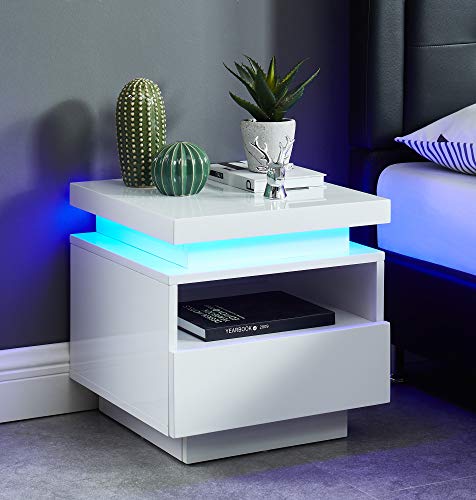 BAÏTA Cosmos Mesita de Noche LED, Lacado, Blanco, 40 cm