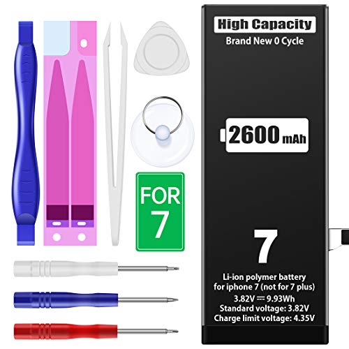 Batería de 2600 mAh para iPhone 7, MNT de repuesto de alta capacidad en comparación con otros, herramientas de reparación profesionales completas, instrucciones (idioma español no garantizado).