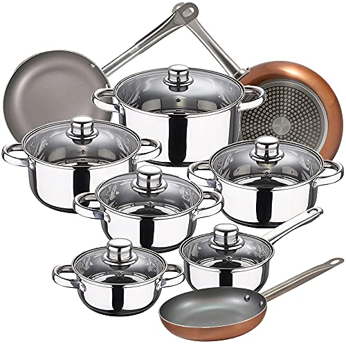 Bateria de cocina 12 piezas SAN IGNACIO Cassel, acero inoxidable, con juego sartenes (18/22/26 cm) SAN IGNACIO Optimum Plus en aluminio prensado