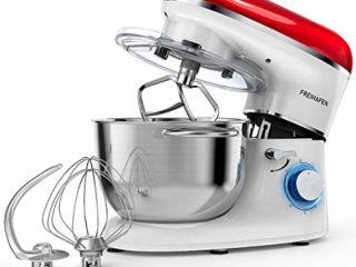 Batidora Amasadora, Freihafen Amasadora para Repostería (1400 W, 6 Velocidades, con Bol de Acero inoxidable de 5,5 L, Amasador, Batidor, Varillas y Protección para Salpicaduras) Rojo/Blanco