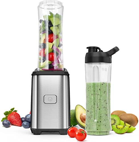 Batidora de Vaso Individual, Licuadora Portatil 350W para Smoothies, Frutas y Verduras, Incluye 2 Botellas de 600 ml, Cuerpo de Acero Inoxidable, Operación con Solo Botón, Sin BPA, Plata