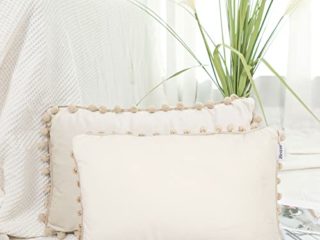 BCASE, Pack 2 Fundas de Cojines, Decorativas para el Hogar, Almohadas, Funda con Bolas Original, para Salón, Cama, Dormitorio, Sofá, Estudio, 30 x 50 cm, Beige