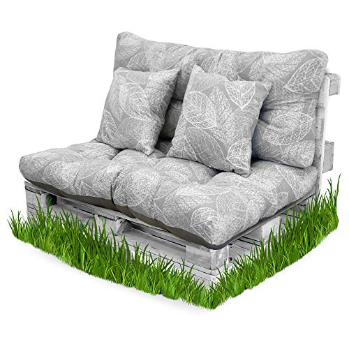 BCASE Pack Cojin Palet Fibra + Cojín Respaldo para Palés Acolchados, Cojín Relleno, Incluyen Cojín de Respaldo y Asiento, Ideal para Jardín, Terraza, Patio y Balcón, Gris-Hojas