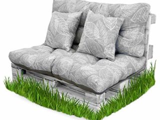 BCASE Pack Cojin Palet Fibra + Cojín Respaldo para Palés Acolchados, Cojín Relleno, Incluyen Cojín de Respaldo y Asiento, Ideal para Jardín, Terraza, Patio y Balcón, Gris-Hojas