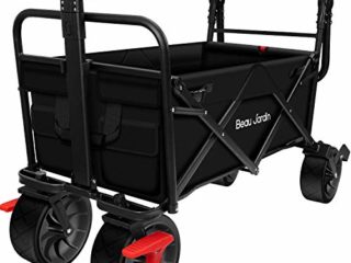 BEAU JARDIN Carretillas de Carro Jardin Plegable con Freno Carro de Transporte Independiente, Remolque de Jardín con Manijas de Empuje Ajustables, Cargable hasta 80 KG - Negro