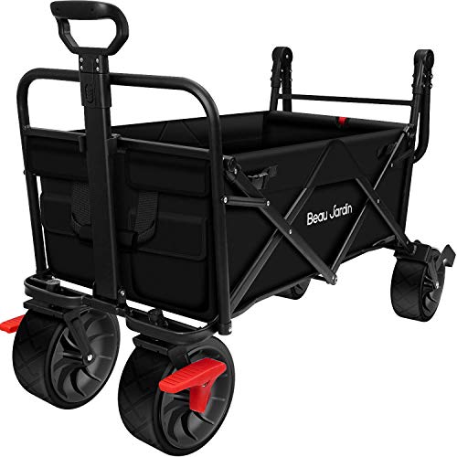 BEAU JARDIN Carretillas de Carro Jardin Plegable con Freno Carro de Transporte Independiente, Remolque de Jardín con Manijas de Empuje Ajustables, Cargable hasta 80 KG - Negro