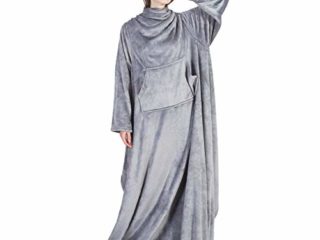 Bedsure Batamanta Mujer Polar Invierno - Bata Manta Hombre para Sofa, Manta con Mangas con Bolsillo Frontal, Tejido Felpa Suave y Acogedor, Gris, 170x200cm