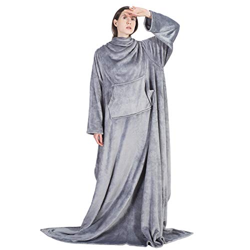 Bedsure Batamanta Mujer Polar Invierno - Bata Manta Hombre para Sofa, Manta con Mangas con Bolsillo Frontal, Tejido Felpa Suave y Acogedor, Gris, 170x200cm